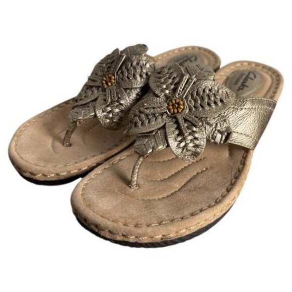 Clarks Artisan Metallic Leather Floral Slide Sandals Gold Comfort Women's 7.5M - Picture 11 of 11